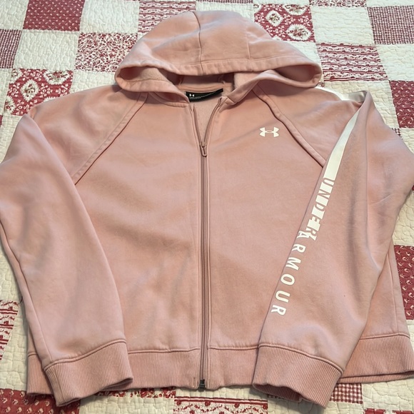 LADIES PINK HOODED UNDER ARMOUR ZIP FRONT JACKET SIZE LG LOOSE FIT VERY GOOD - Picture 6 of 8